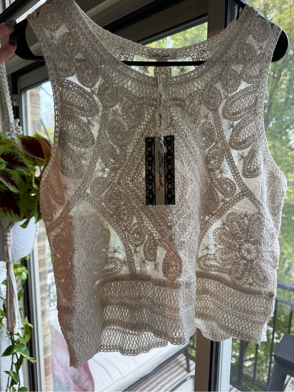 Ultra Pink Crochet Lace Sleeveless Top - White